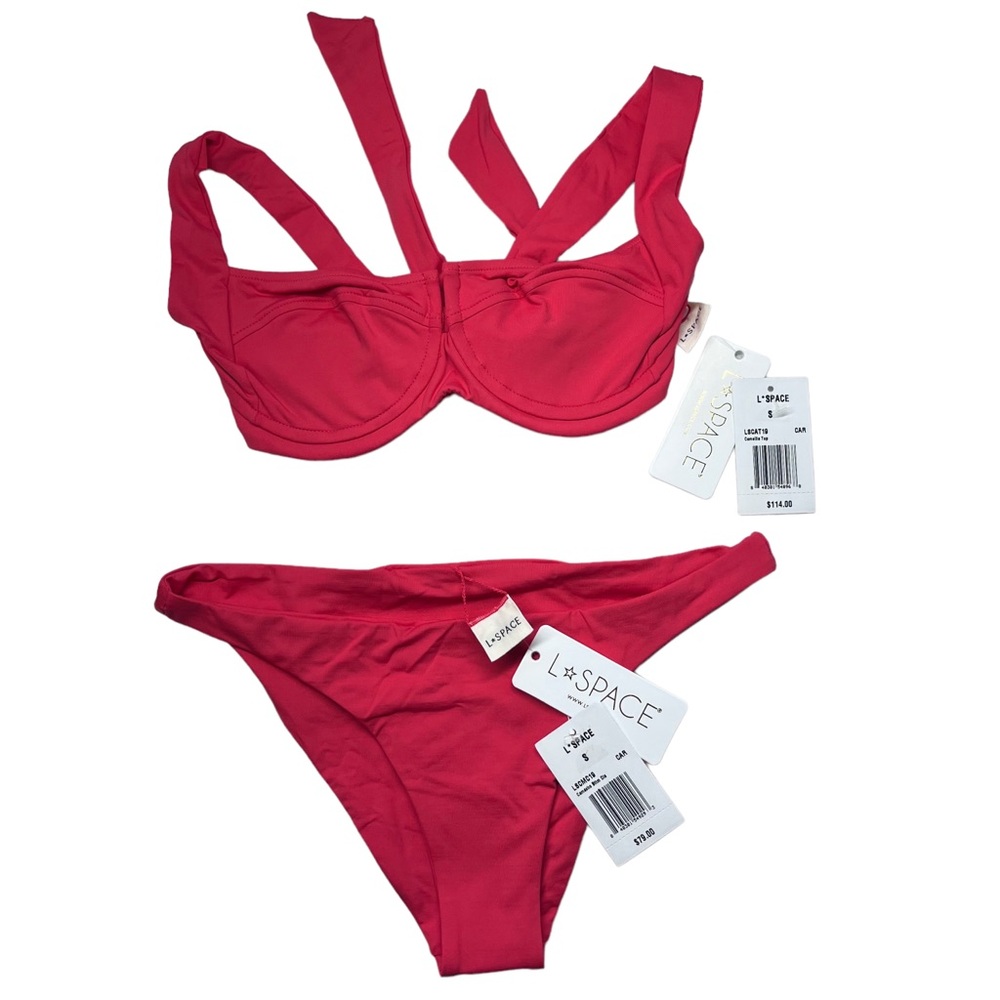L*Space Bikini Small Top Camellia Bottom Camacho Solid Hot Cherry Orange Pink